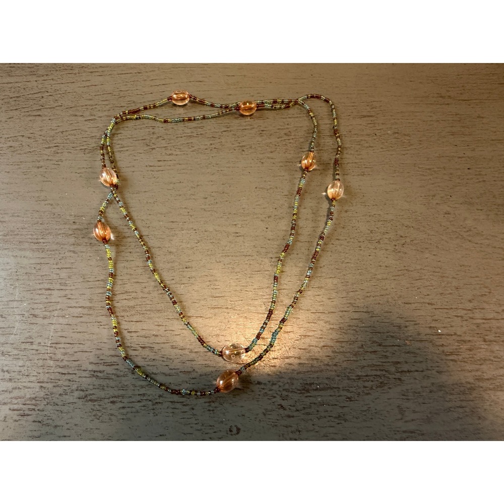 Boho Multicolor Seed Bead Long Strand Necklace Amber Glass Oval Accents 46 Inch